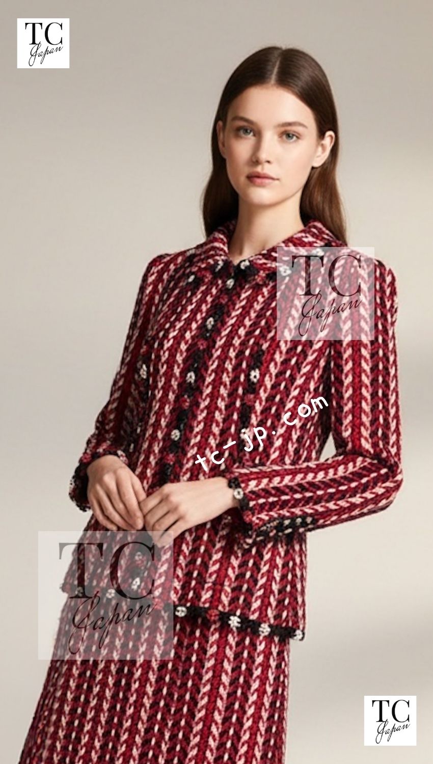 CHANEL 04A Red Navy Tricolore CC Logo Trim Wool Tweed Jacket Skirt Suit 36 38 ① シャネル レッド ネイビー トリコロール ウール ツイード ジャケット スカート スーツ 即発 - TC JAPAN
