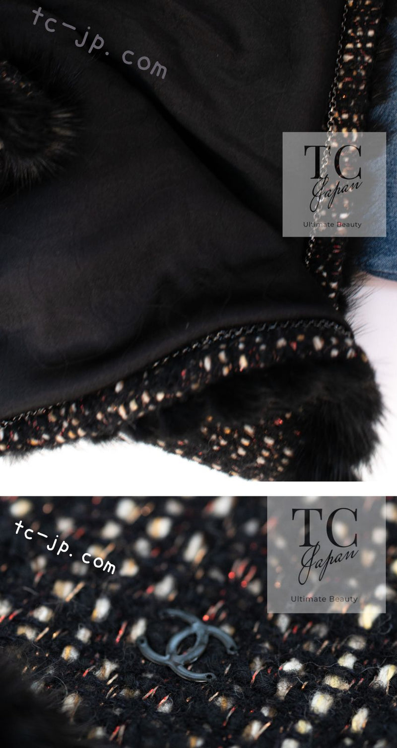 CHANEL 03A Black Brown Mix Mink Fur Trim Tweed Jacket Coat 46 シャネル ブラック ブラウン ミックス ミンクファー トリム ツイード ジャケット コート 即発