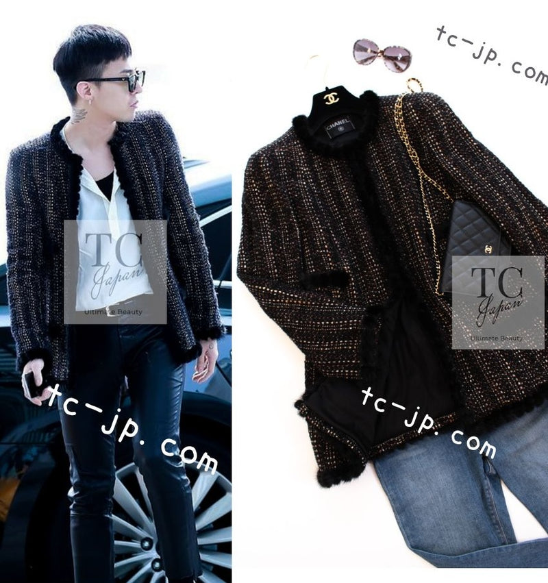 CHANEL 03A Black Brown Mix Mink Fur Trim Tweed Jacket Coat 46 シャネル ブラック ブラウン ミックス ミンクファー トリム ツイード ジャケット コート 即発