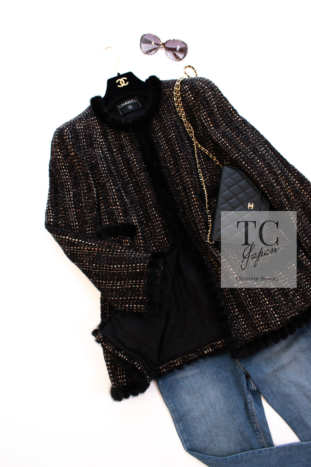 CHANEL 03A Black Brown Mix Mink Fur Trim Tweed Jacket Coat 46 シャネル ブラック  ブラウン ミックス ミンクファー トリム ツイード ジャケット コート 即発