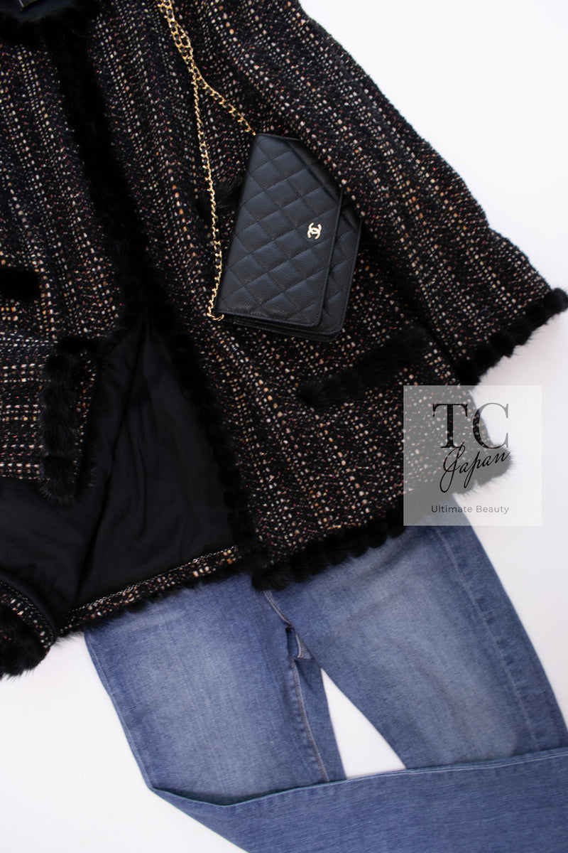 CHANEL 03A Black Brown Mix Mink Fur Trim Tweed Jacket Coat 46 シャネル ブラック ブラウン ミックス ミンクファー トリム ツイード ジャケット コート 即発