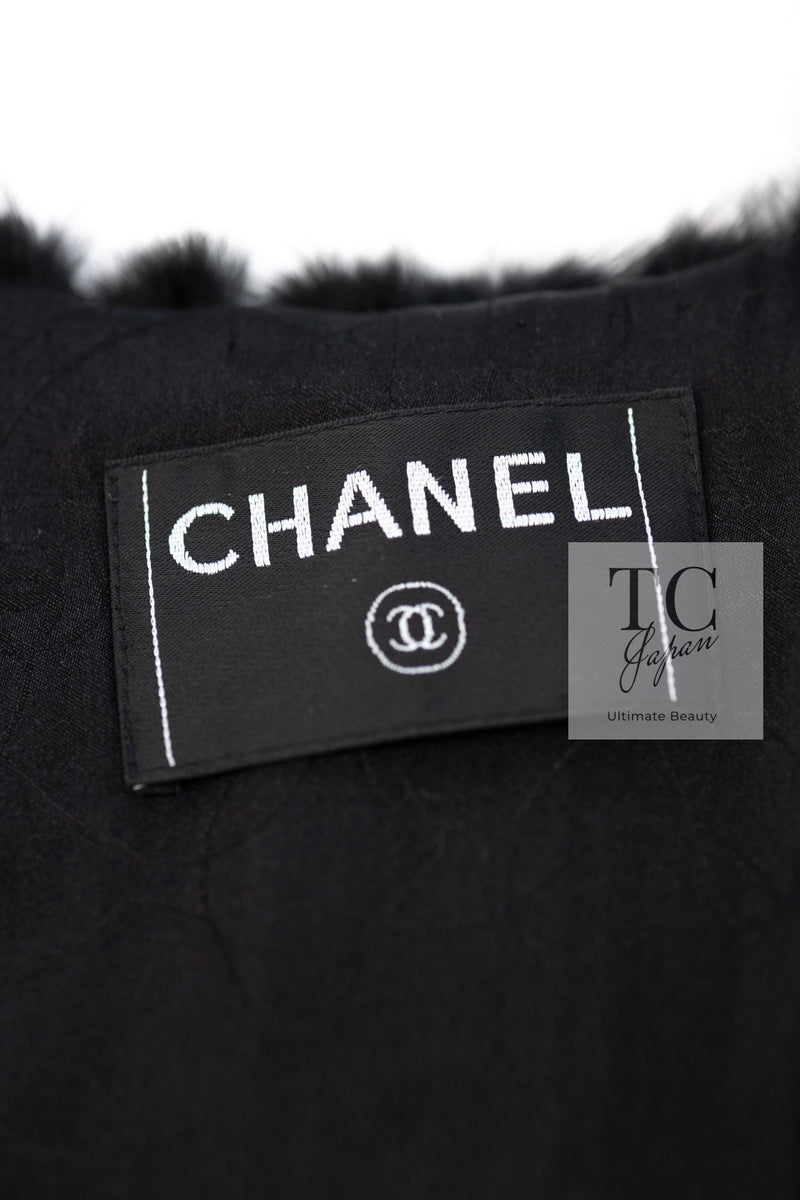 CHANEL 03A Black Brown Mix Mink Fur Trim Tweed Jacket Coat 46 シャネル ブラック ブラウン ミックス ミンクファー トリム ツイード ジャケット コート 即発