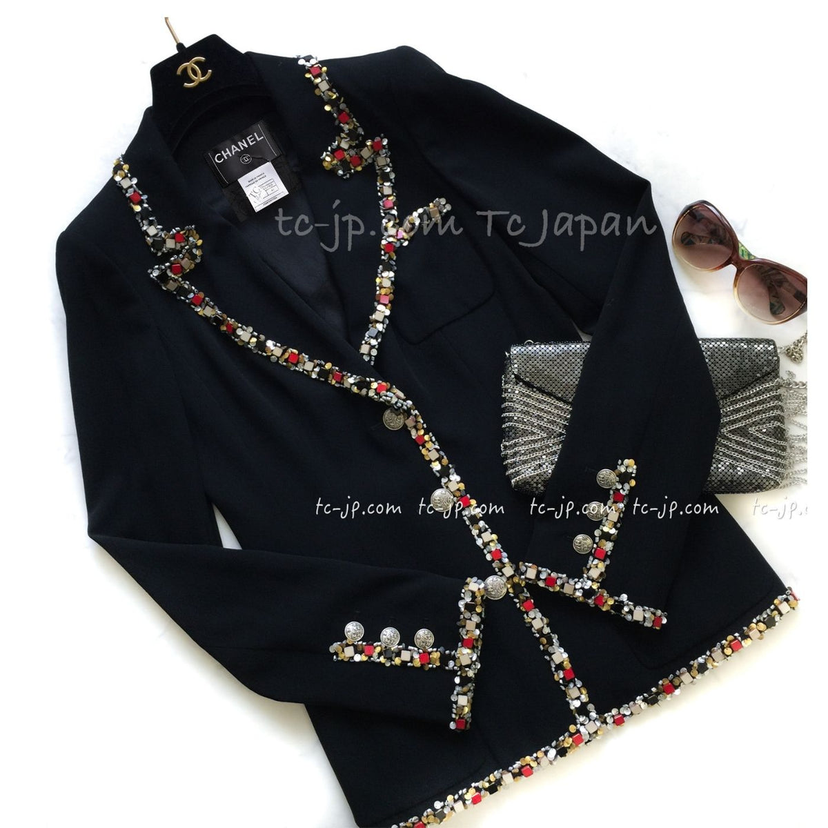 CHANEL 05C Blazer Jacket Black Beads Trim Wool 40 シャネル ブレザー ジャケット ブラック ビジュー トリミング ウール ミランダ カー着用