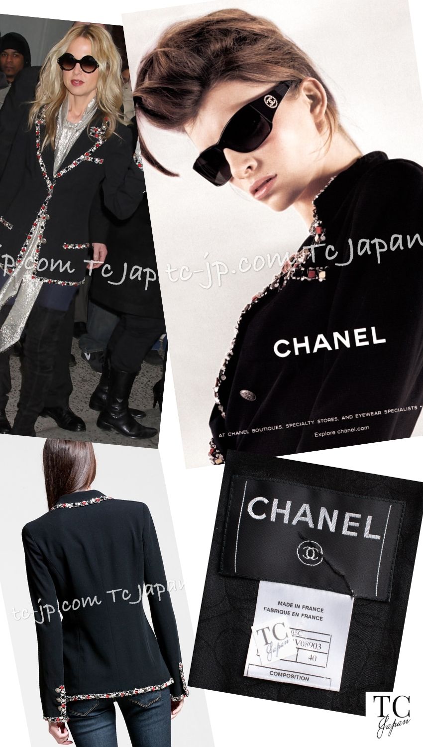 CHANEL 05C Blazer Jacket Black Beads Trim Wool 40 シャネル ブレザー ジャケット ブラック ビジュー トリミング ウール ミランダ カー着用