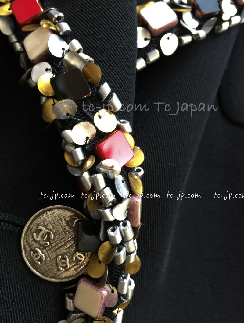 CHANEL 05C Black Beads Trim Wool Blazer Jacket Collectors Item 36 38 シャネル ブラック ビジュー トリミング ウール ブレザー ジャケット ミランダ カー着 即発