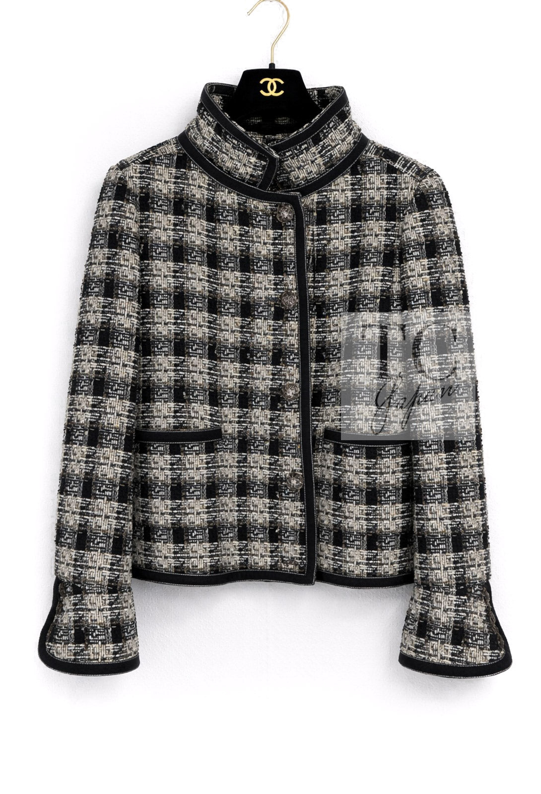 CHANEL 08A Black Brown Wool Stand Collar Tweed Jacket 34 42 シャネル ブラック ブラウン ウール スタンドカラー ツイード ジャケット 即発