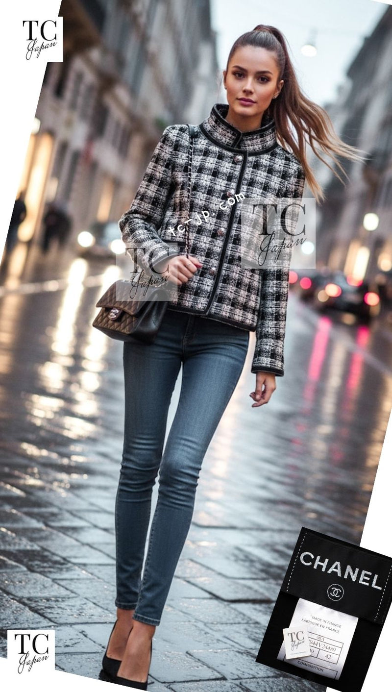 CHANEL 08A Black Brown Wool Stand Collar Tweed Jacket 34 42 シャネル ブラック ブラウン ウール スタンドカラー ツイード ジャケット 即発