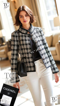 CHANEL 08A Black Brown Wool Stand Collar Tweed Jacket 34 42 シャネル ブラック ブラウン ウール スタンドカラー ツイード ジャケット 即発