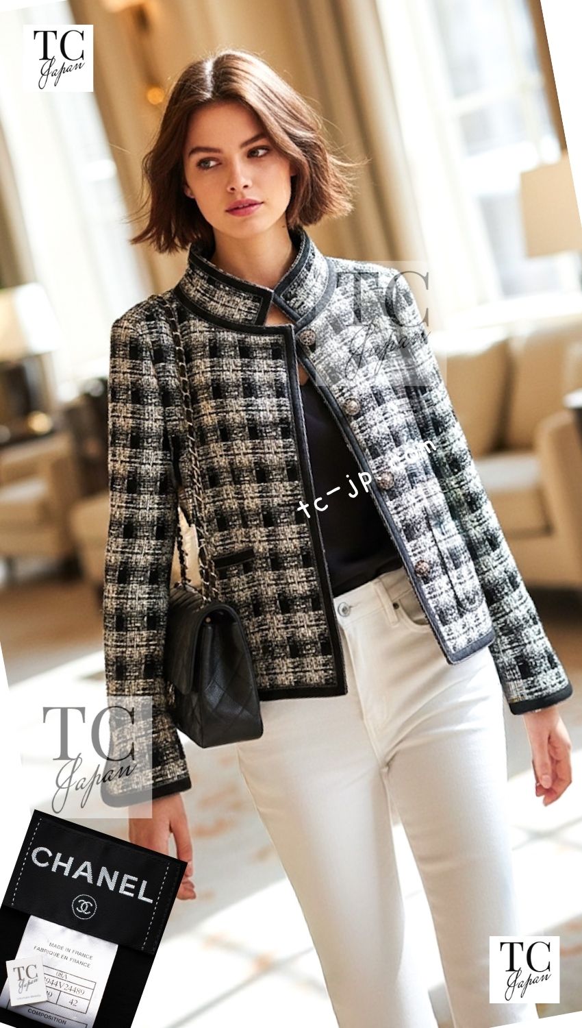 CHANEL 08A Black Brown Wool Stand Collar Tweed Jacket 34 42 シャネル ブラック ブラウン ウール スタンドカラー ツイード ジャケット 即発