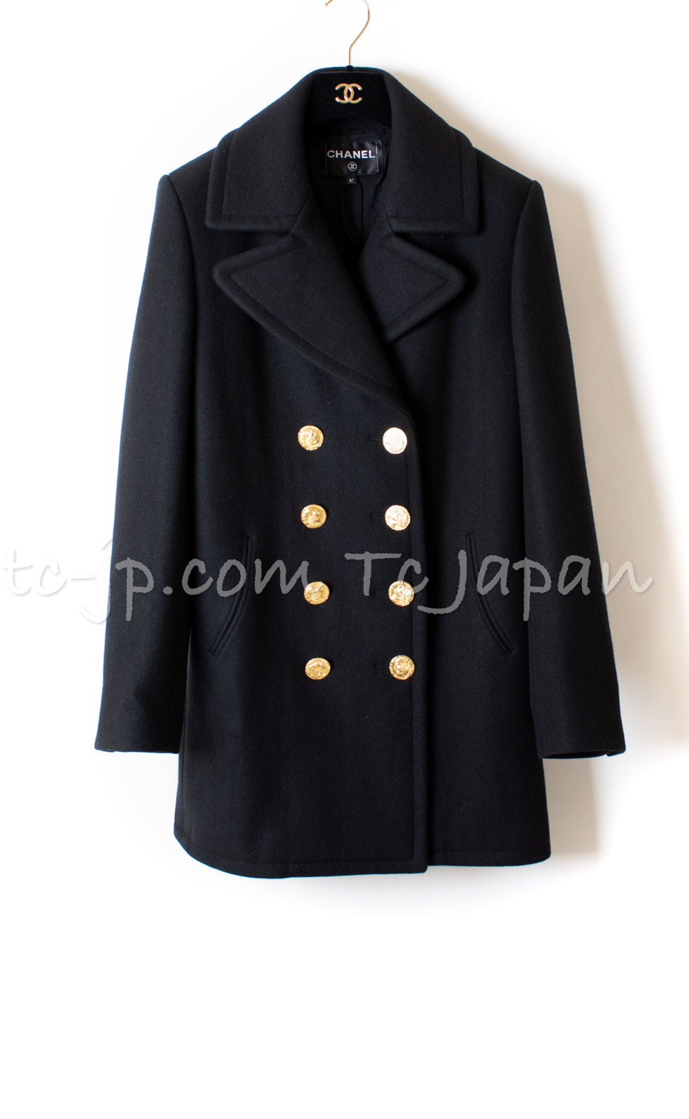 CHANEL 16PF Black Cashmere Gold Logo Button Double Coat 42 44 シャネル ブラック カシミア ゴールド ロゴ ボタン ダブル ピーコート 即発