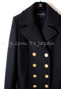 CHANEL 16PF Black Cashmere Gold Logo Button Double Coat 42 44 シャネル ブラック カシミア ゴールド ロゴ ボタン ダブル ピーコート 即発
