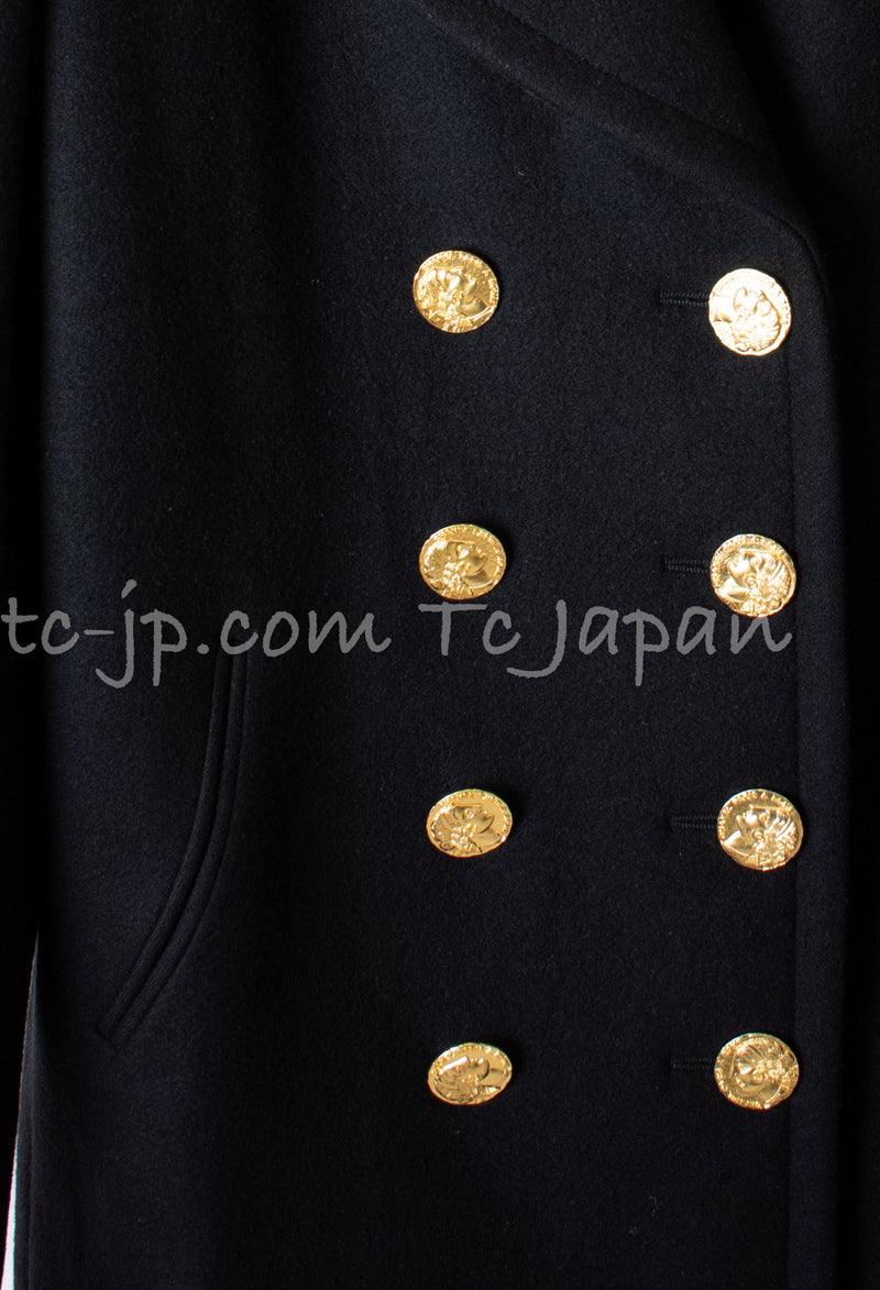 CHANEL 16PF Black Cashmere Gold Logo Button Double Coat 42 44 シャネル ブラック カシミア ゴールド ロゴ ボタン ダブル ピーコート 即発