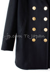 CHANEL 16PF Black Cashmere Gold Logo Button Double Coat 42 44 シャネル ブラック カシミア ゴールド ロゴ ボタン ダブル ピーコート 即発