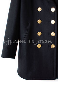 CHANEL 16PF Black Cashmere Gold Logo Button Double Coat 42 44 シャネル ブラック カシミア ゴールド ロゴ ボタン ダブル ピーコート 即発