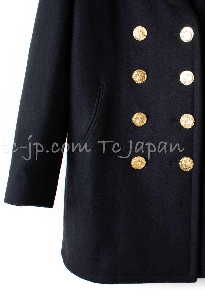 CHANEL 16PF Black Cashmere Gold Logo Button Double Coat 42 44 シャネル ブラック カシミア ゴールド ロゴ ボタン ダブル ピーコート 即発