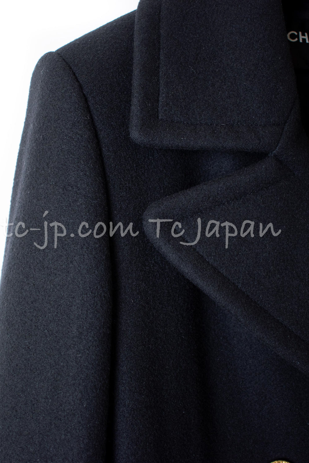 CHANEL 16PF Black Cashmere Gold Logo Button Double Coat 42 44 シャネル ブラック カシミア ゴールド ロゴ ボタン ダブル ピーコート 即発