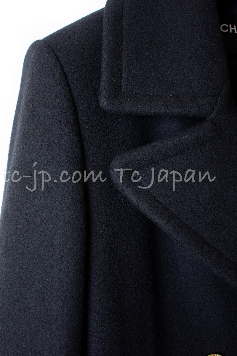 CHANEL 16PF Black Cashmere Gold Logo Button Double Coat 42 44 シャネル ブラック カシミア ゴールド ロゴ ボタン ダブル ピーコート 即発