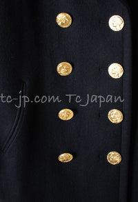 CHANEL 16PF Black Cashmere Gold Logo Button Double Coat 42 44 シャネル ブラック カシミア ゴールド ロゴ ボタン ダブル ピーコート 即発