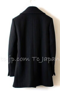 CHANEL 16PF Black Cashmere Gold Logo Button Double Coat 42 44 シャネル ブラック カシミア ゴールド ロゴ ボタン ダブル ピーコート 即発