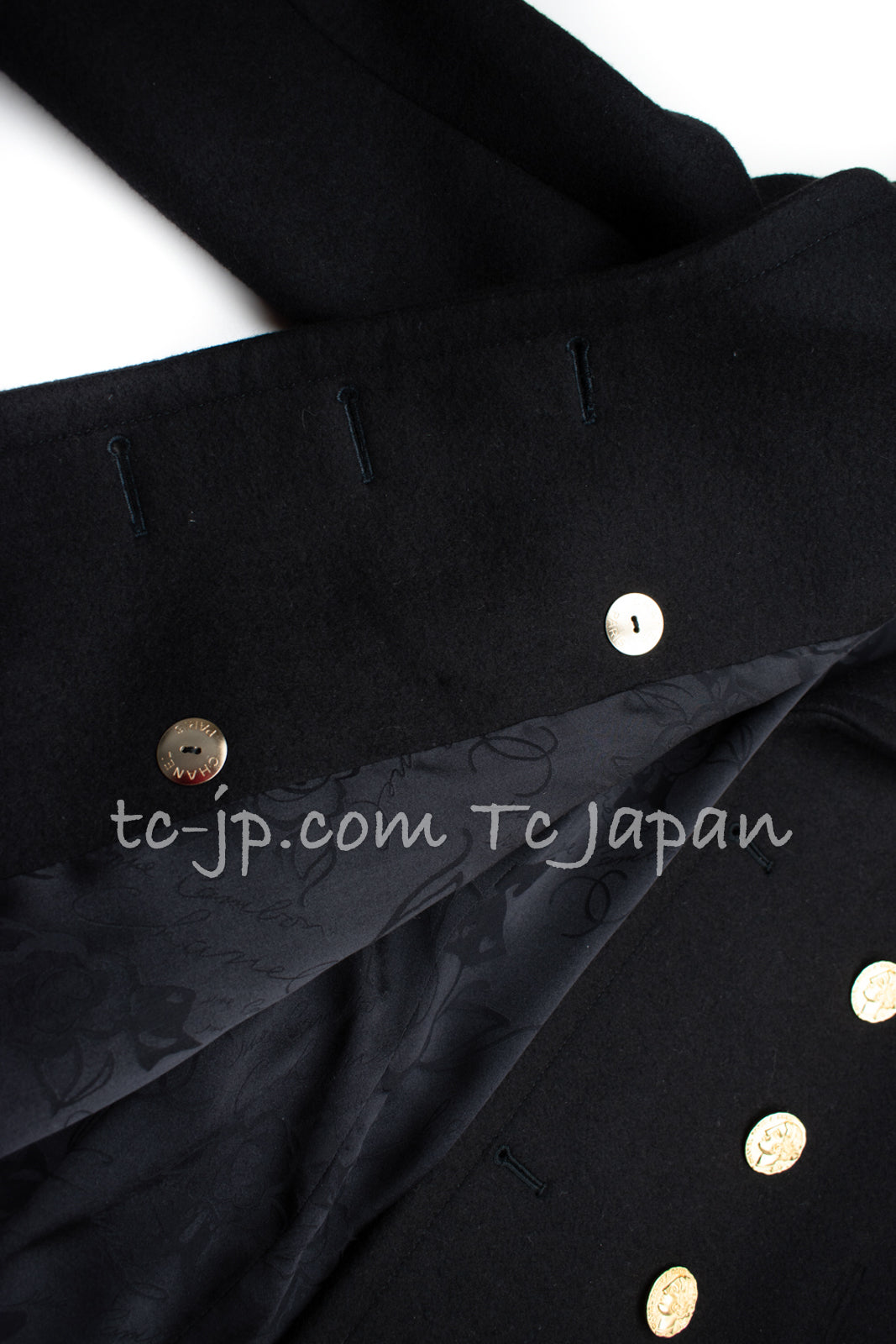 CHANEL 16PF Black Cashmere Gold Logo Button Double Coat 42 44 シャネル ブラック カシミア ゴールド ロゴ ボタン ダブル ピーコート 即発