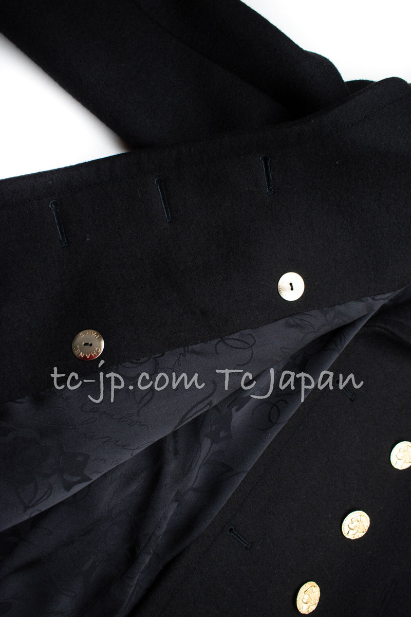 CHANEL 16PF Black Cashmere Gold Logo Button Double Coat 42 44 シャネル ブラック カシミア ゴールド ロゴ ボタン ダブル ピーコート 即発