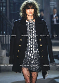CHANEL 16PF Black Cashmere Gold Logo Button Double Coat 42 44 シャネル ブラック カシミア ゴールド ロゴ ボタン ダブル ピーコート 即発
