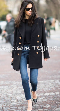 CHANEL 16PF Black Cashmere Gold Logo Button Double Long Coat 34 36 シャネル ブラック カシミア ゴールド ロゴ ボタン ダブル ピー ロング コート 即発