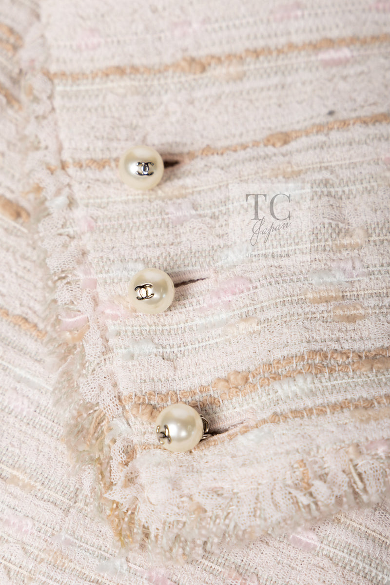 CHANEL 04S Ivory Beige Pink Cotton Tweed Coat 38 40 シャネル 生成り ベージュ ピンク コットン ツイード コート 即発
