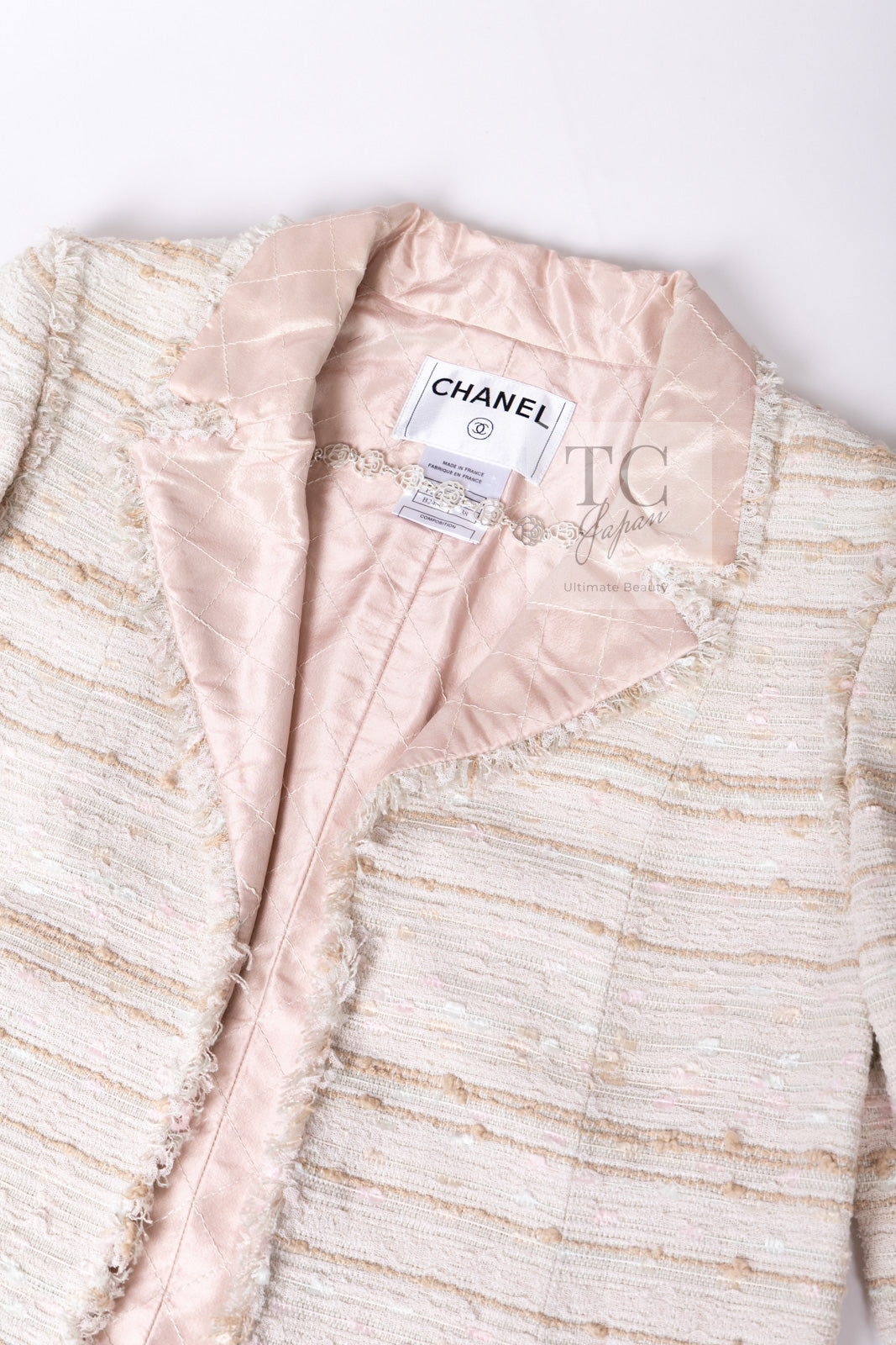 CHANEL 04S Ivory Beige Pink Cotton Tweed Coat 38 40 シャネル 生成り ベージュ ピンク コットン ツイード コート 即発