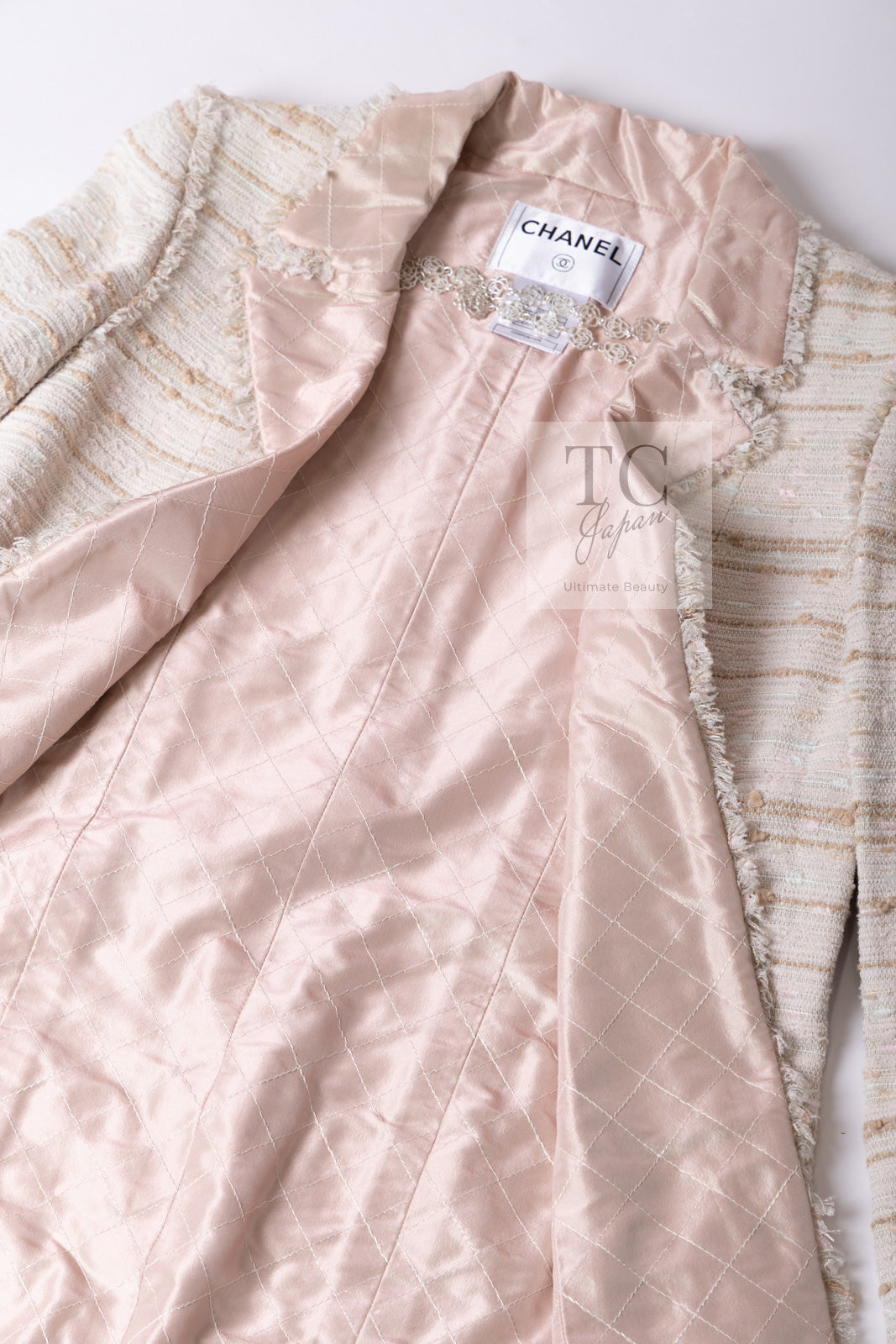 CHANEL 04S Ivory Beige Pink Cotton Tweed Coat 38 40 シャネル 生成り ベージュ ピンク コットン ツイード コート 即発