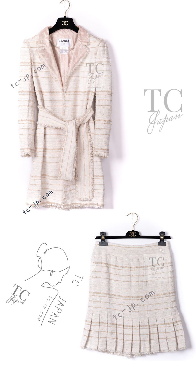 CHANEL 04S Ivory Beige Pink Cotton Tweed Coat 38 40 シャネル 生成り ベージュ ピンク コットン ツイード コート 即発