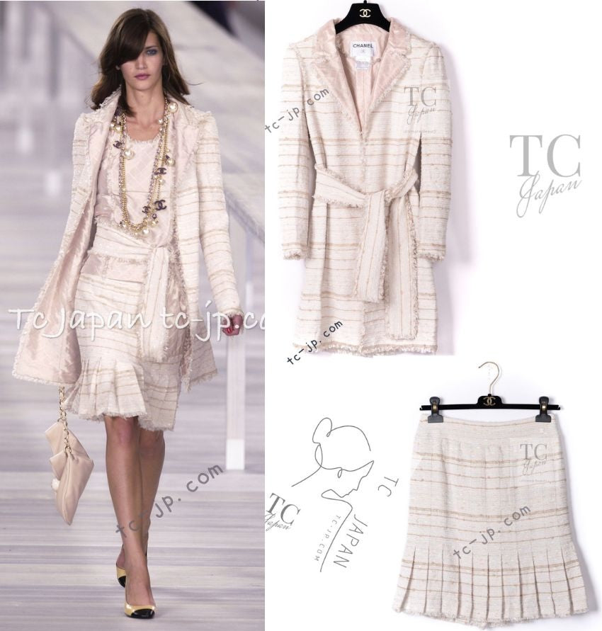 CHANEL 04S Ivory Beige Pink Cotton Tweed Coat 38 40 シャネル 生成り ベージュ ピンク コットン ツイード コート 即発