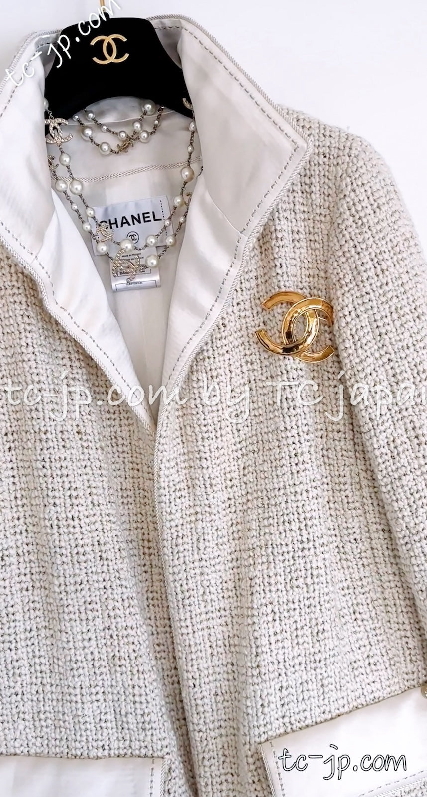 シャネル コート CHANEL アイボリー クリーム メタリック シルク襟