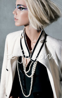 CHANEL 14C Ivory Black Trim Stand Collar Wool Jacket Coat 40 シャネル アイボリー ブラック トリム スタンド襟 ウール ジャケット コート 即発