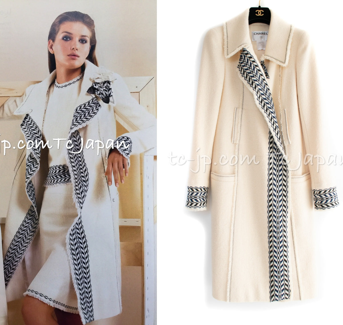 CHANEL 04A Ivory Black Wool 100% Tweed Coat 38 シャネル アイボリー ブラック ウール100% ツイード コート 即発
