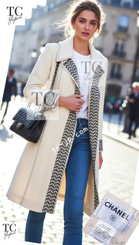 CHANEL 04A Ivory Black Wool 100% Tweed Coat 38 40 42 シャネル アイボリー ブラック ウール100% ツイード コート 即発