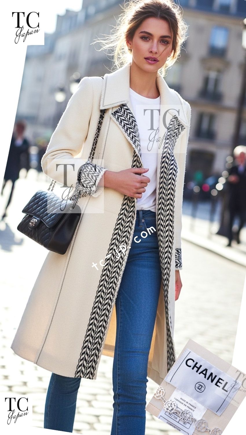 CHANEL 04A Ivory Black Wool 100% Tweed Coat 38 40 42 シャネル アイボリー ブラック ウール100% ツイード コート 即発