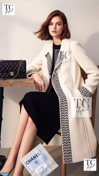 CHANEL 04A Ivory Black Wool 100% Tweed Coat 38 40 42 シャネル アイボリー ブラック ウール100% ツイード コート 即発