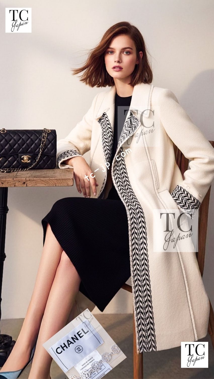 CHANEL 04A Ivory Black Wool 100% Tweed Coat 38 40 42 シャネル アイボリー ブラック ウール100% ツイード コート 即発