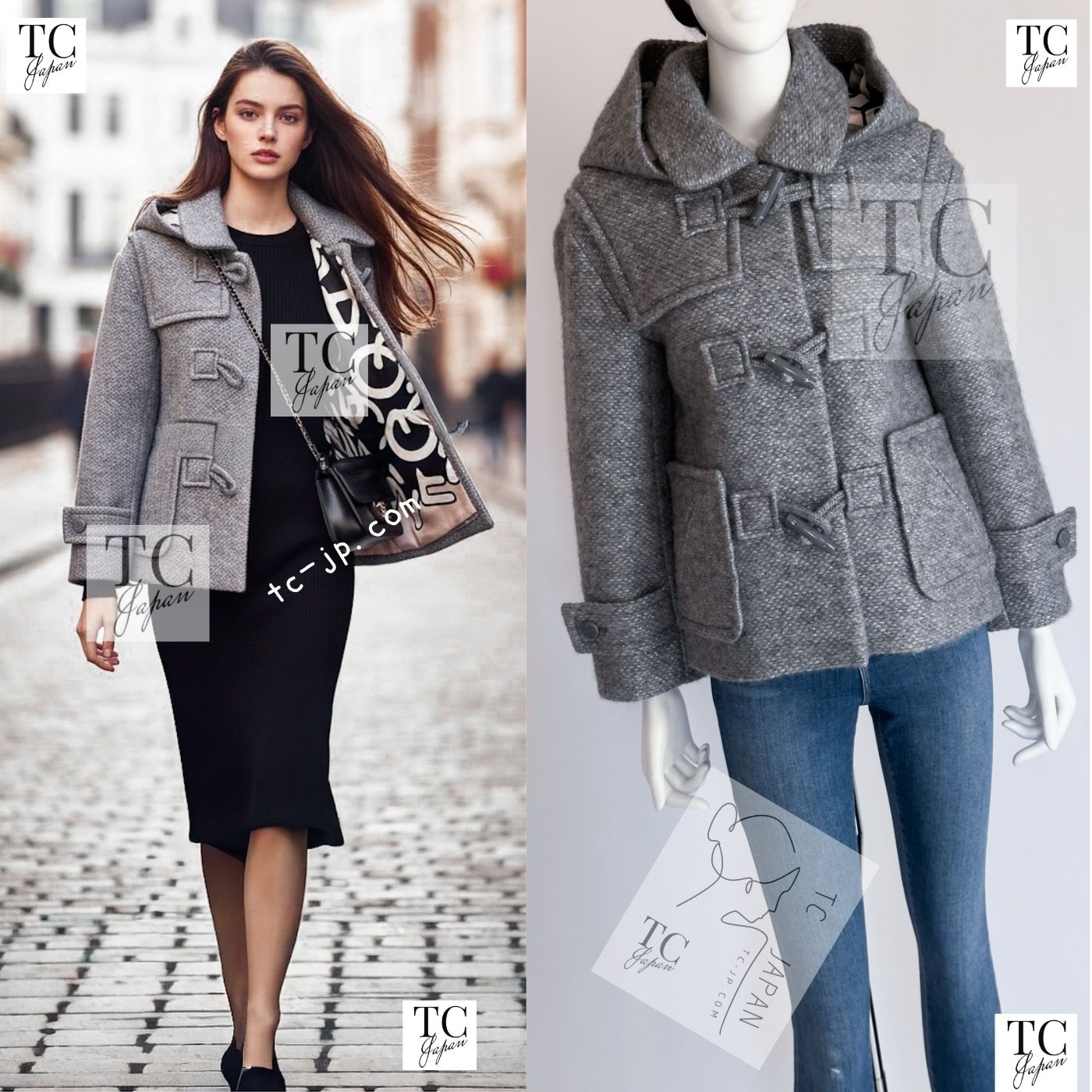 CHANEL 21B Gray Silver Wool Alpaca Blouson Duffel Coat 36 38 42 44 46 シャネル グレー シルバー ウール アルパカ ブルゾン ダッフル コート 即発