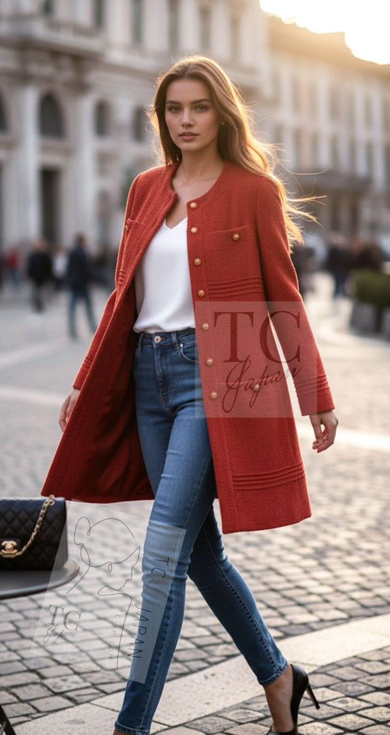 CHANEL 93A Vintage Coral Orange Wool Tweed Coat Dress 38 シャネル ヴィンテージ コーラル オレンジ ウール ツイード コート ワンピース 即発