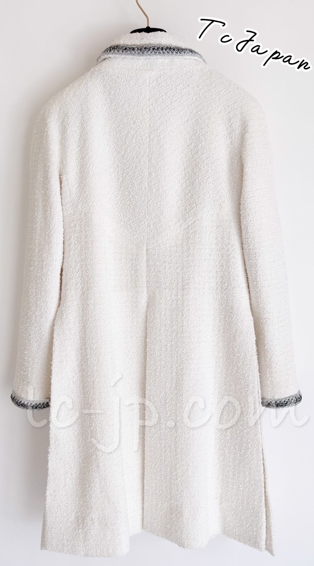 CHANEL 20S White Wool Cotton Braid Trim Beaded Tweed Jacket Coat 34 シャネル ジニー着 ホワイト ウール コットン ブレード トリム ビーズ ツイード ジャケット コート 即発