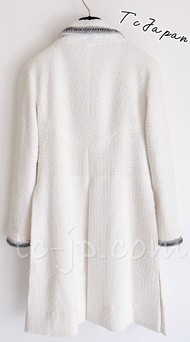 CHANEL 20S White Wool Cotton Braid Trim Beaded Tweed Jacket Coat 34 シャネル ジニー着 ホワイト ウール コットン ブレード トリム ビーズ ツイード ジャケット コート 即発