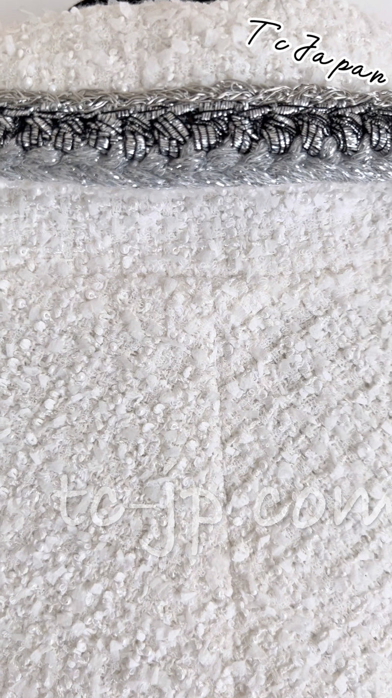 CHANEL 20S White Wool Cotton Braid Trim Beaded Tweed Jacket Coat 34 シャネル ジニー着 ホワイト ウール コットン ブレード トリム ビーズ ツイード ジャケット コート 即発