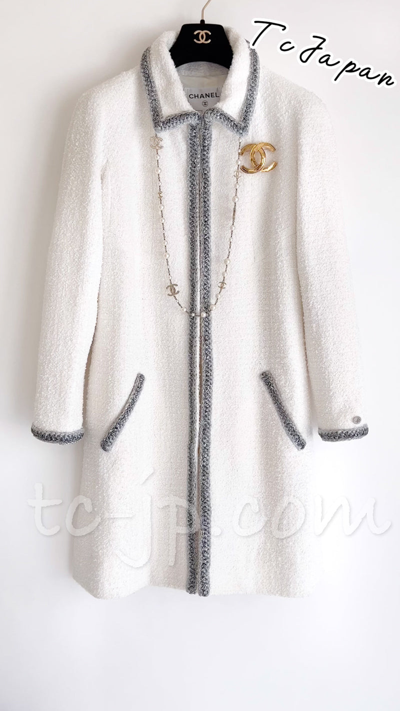 CHANEL 20S White Wool Cotton Braid Trim Beaded Tweed Jacket Coat 34 シャネル ジニー着 ホワイト ウール コットン ブレード トリム ビーズ ツイード ジャケット コート 即発