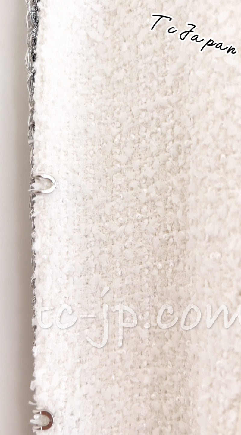 CHANEL 20S White Wool Cotton Braid Trim Beaded Tweed Jacket Coat 34 シャネル ジニー着 ホワイト ウール コットン ブレード トリム ビーズ ツイード ジャケット コート 即発