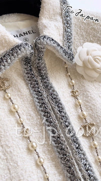CHANEL 20S White Wool Cotton Braid Trim Beaded Tweed Jacket Coat 34 シャネル ジニー着 ホワイト ウール コットン ブレード トリム ビーズ ツイード ジャケット コート 即発