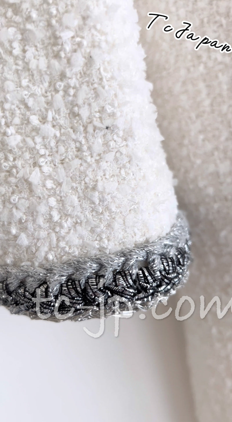 CHANEL 20S White Wool Cotton Braid Trim Beaded Tweed Jacket Coat 34 シャネル ジニー着 ホワイト ウール コットン ブレード トリム ビーズ ツイード ジャケット コート 即発