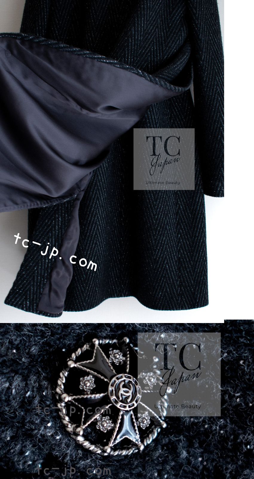 シャネル コート 38 40 CHANEL ブラック グレー シルバー ウール シャネル コート 38 40 CHANEL ブラック グレー シルバー ウール