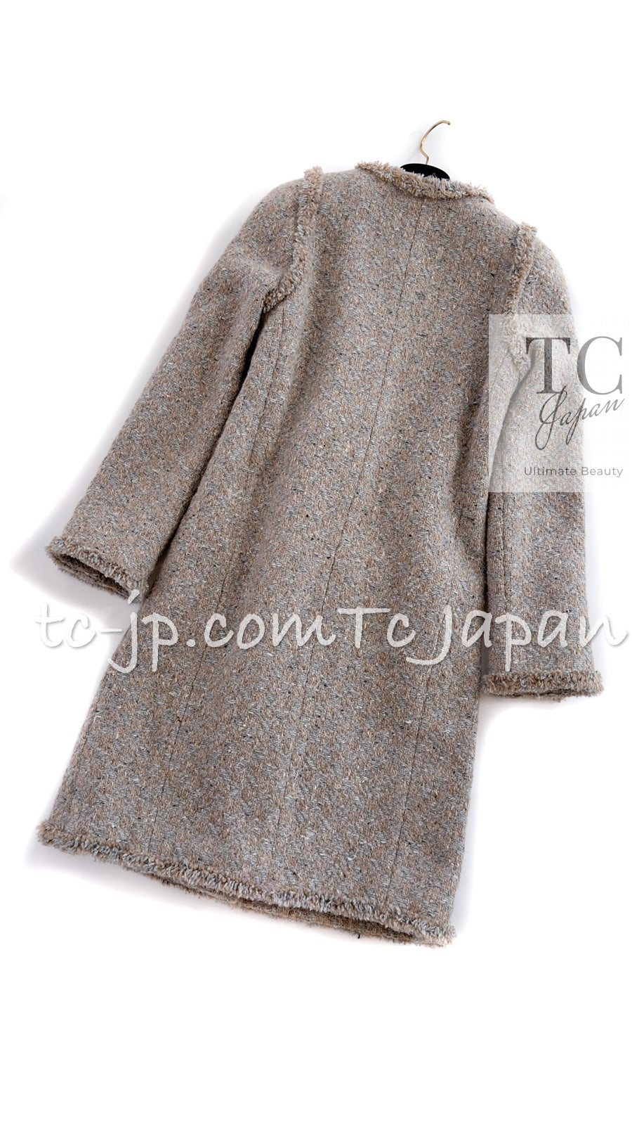 CHANEL 17A Gray Beige Belt Wool Tweed Coat 36 38 シャネル グレー ベージュ ベルト ウール ツイード  コート 即発